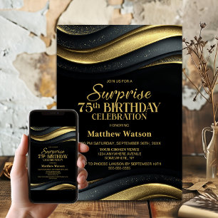 Modern Black and Gold Surprise 75th Birthday Party Invitation