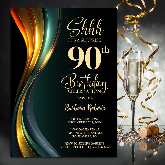 Modern Black and Gold Surprise 90th Birthday Party Invitation (Creator Uploaded)