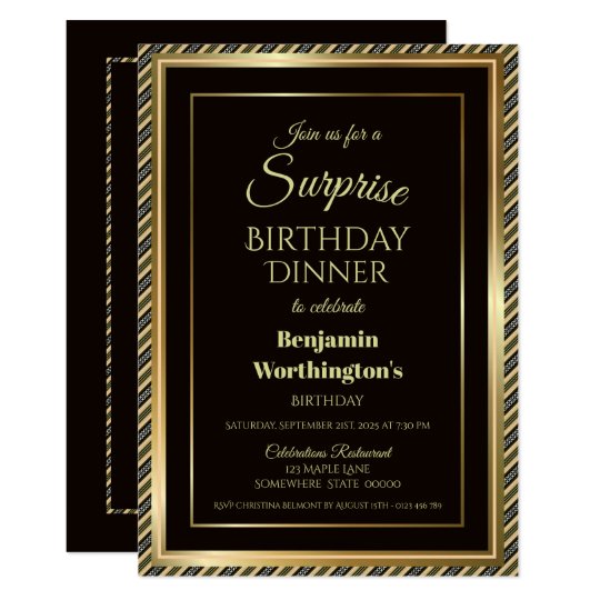 Modern Black and Gold Surprise Birthday Dinner Invitation