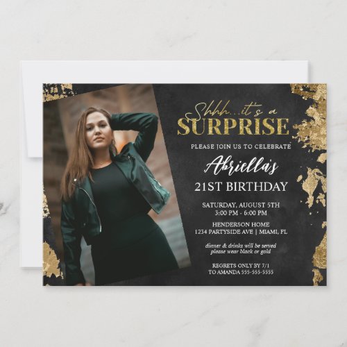 Modern Black and Gold Surprise Birthday Photo