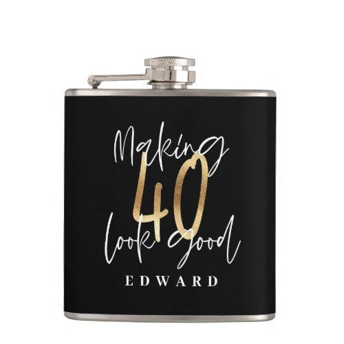 Modern black and gold typography 40th birthday flask