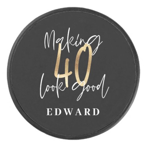 Modern black and gold typography 40th birthday hockey puck