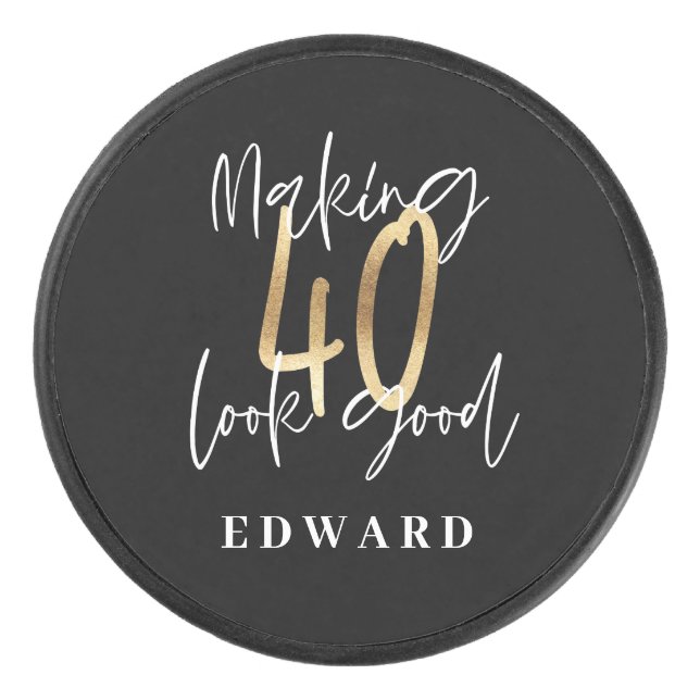 Modern black and gold typography 40th birthday hockey puck (Front)
