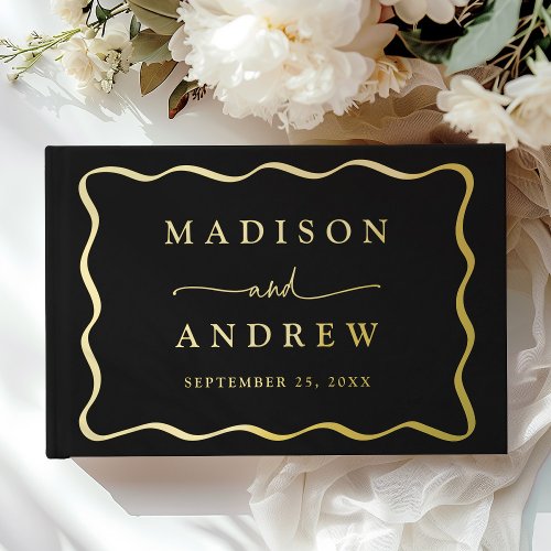 Modern Black and Gold Wavy Frame Photo Wedding Foil Guest Book