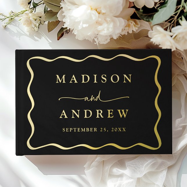 Modern Black and Gold Wavy Frame Photo Wedding Foil Guest Book (Creator Uploaded)
