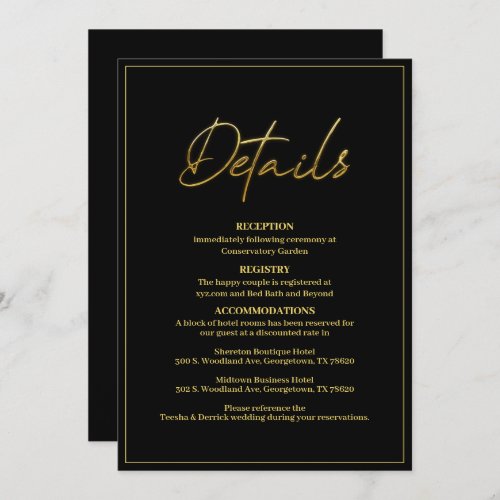 Modern Black and Gold Wedding Details Card