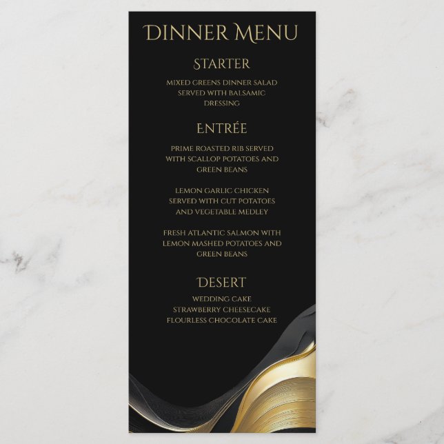 Modern Black and Gold Wedding Dinner & Bar Menu (Front)
