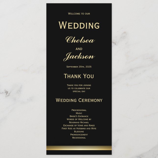 Modern Black and Gold Wedding Program (Front)