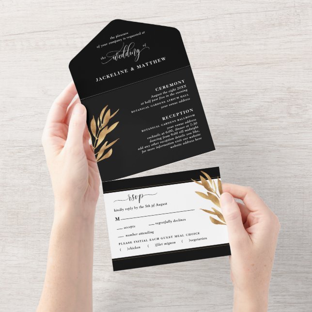 Modern Black and Gold Wedding with Perforated RSVP All In One Invitation (Tearaway)