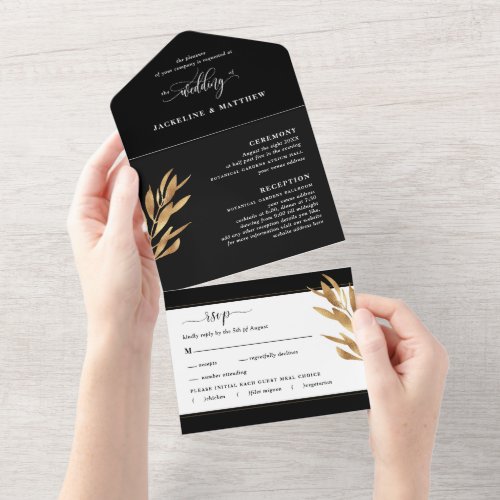 Modern Black and Gold Wedding with Perforated RSVP All In One Invitation