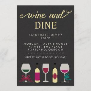 Modern Black and Gold Wine Party Bottles and Glass Invitation