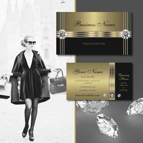 Modern Black and Gold with Sparkling Diamonds Business Card