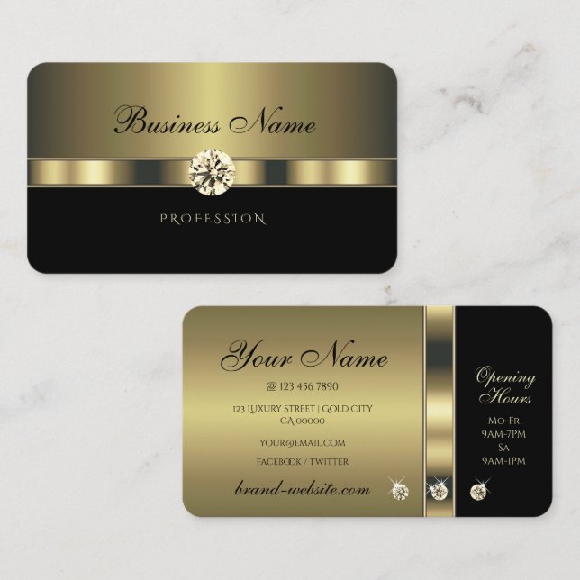 Modern Black and Gold with Sparkling Rhinestones Business Card (Front/Back)