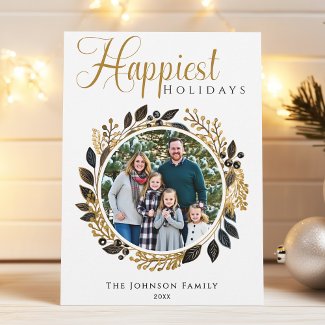 Modern Black and Gold Wreath Christmas Photo Card