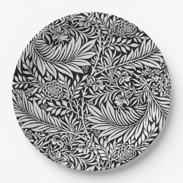 Modern Black and Gray Floral Botanical Paper Plates (Front)
