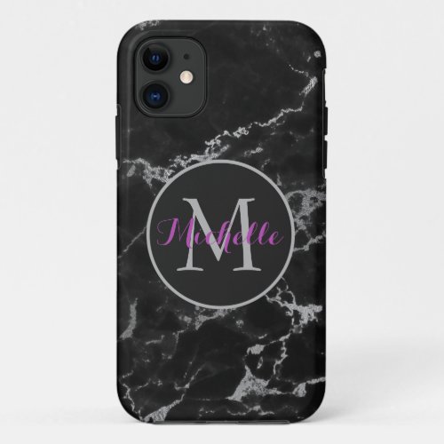 Modern Black And Gray Marble Stone Monogram iPhone 11 Case