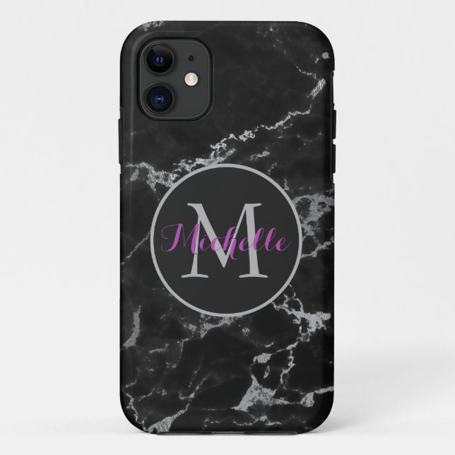 Modern Black And Gray Marble Stone Monogram Case-Mate iPhone Case (Back)