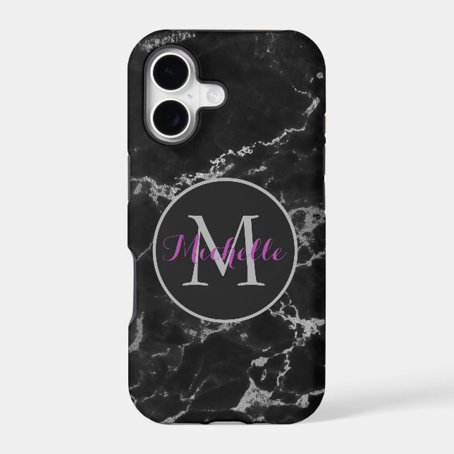 Modern Black And Gray Marble Stone Monogram Iphone Case (Back)