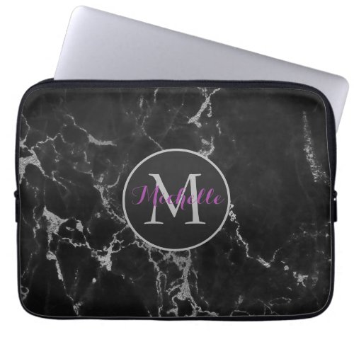 Modern Black And Gray Marble Stone Monogram Laptop Sleeve