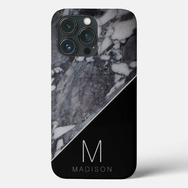Modern Black and Gray Marble Stone Monogram Name Case-Mate iPhone Case (Back)
