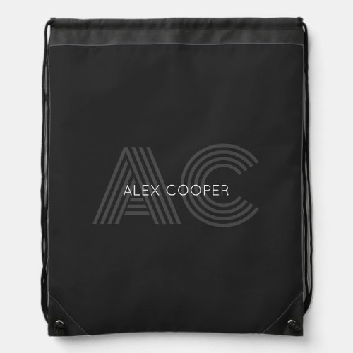 Modern Black and Gray Monogram Drawstring Bag