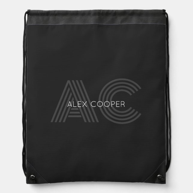 Modern Black and Gray Monogram Drawstring Bag (Front)
