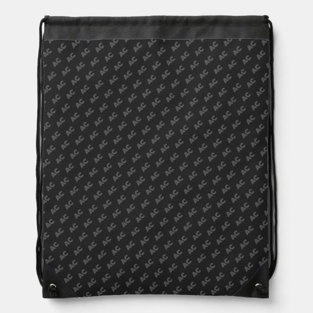 Modern Black and Gray Monogram Drawstring Bag (Front)