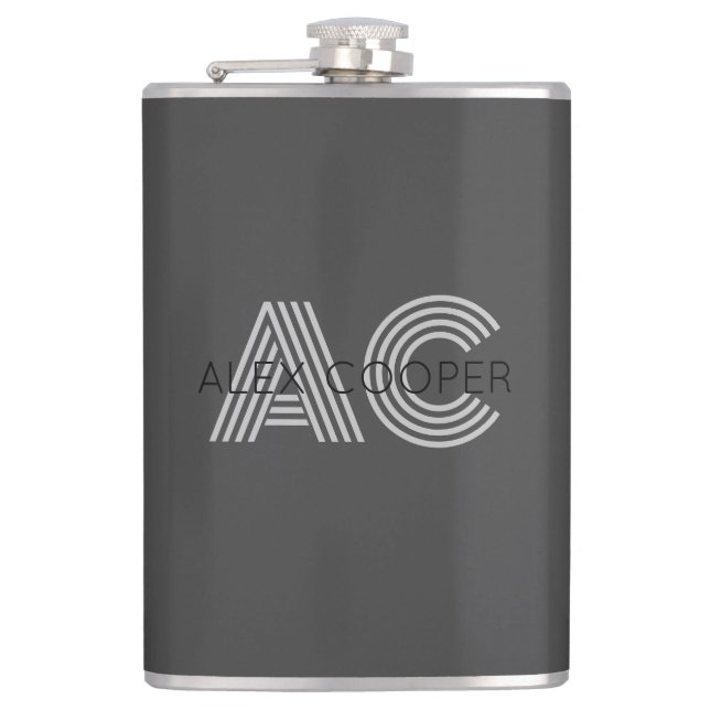 Modern Black and Gray Monogram Flask (Front)