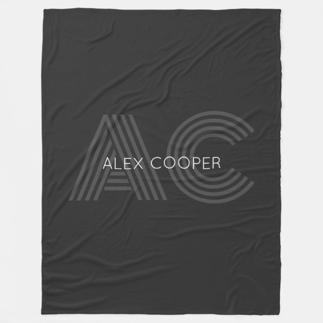 Modern Black and Gray Monogram Fleece Blanket (Front)