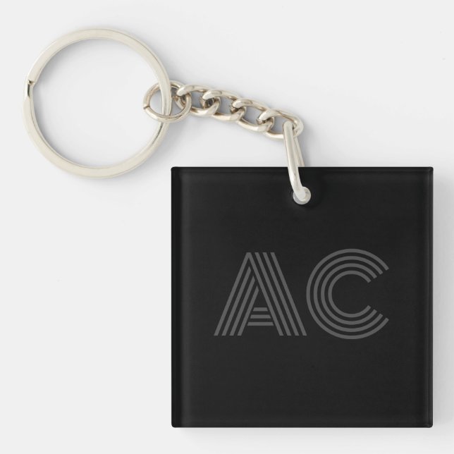 Modern Black and Gray Monogram Keychain (Front)