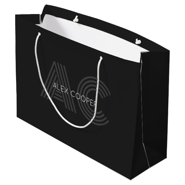 Modern Black and Gray Monogram Large Gift Bag (Back Angled)