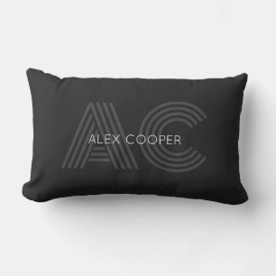 Modern Black and Gray Monogram Lumbar Pillow