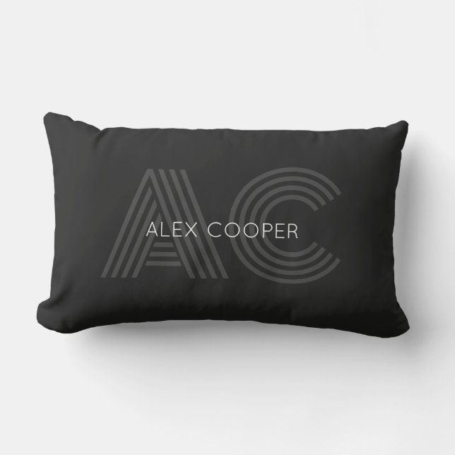 Modern Black and Gray Monogram Lumbar Pillow (Front)