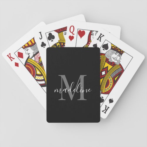 Modern Black and Gray Monogram Script Name Poker Cards