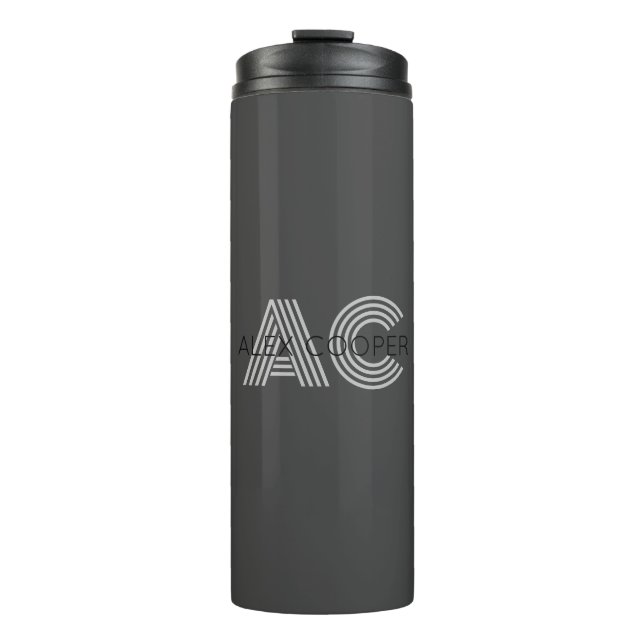 Modern Black and Gray Monogram Thermal Tumbler (Front)
