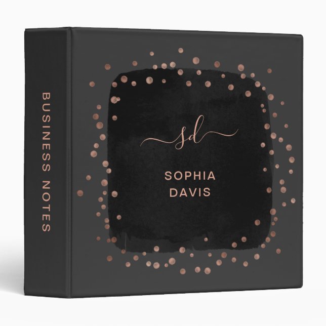 Modern Black and Gray with Faux Rose Gold Dots 3 Ring Binder (Front/Spine)