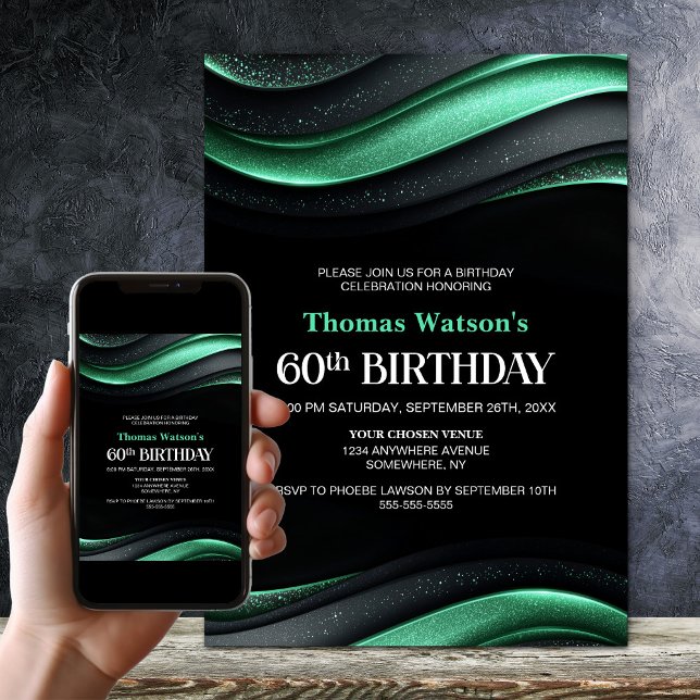 Modern Black and Green 60th Birthday Party Invitation (Creator Uploaded)
