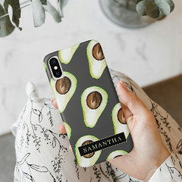 Modern Black And Green Avocado Pattern With Name iPhone XS Case