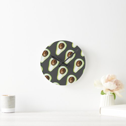 Modern Black And Green Avocado Seamless Pattern Round Clock