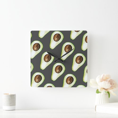 Modern Black And Green Avocado Seamless Pattern Square Wall Clock