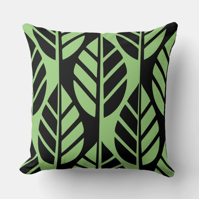 Modern Black and Green Leaves Pattern Throw Pillow (Front)