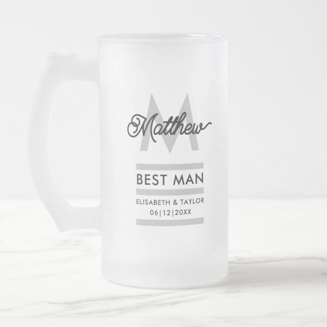Modern Black and Grey Add Name & Monogram Best Man Frosted Glass Beer Mug (Left)
