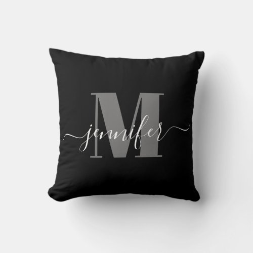Modern Black and Grey Elegant Monogram Name Throw Pillow