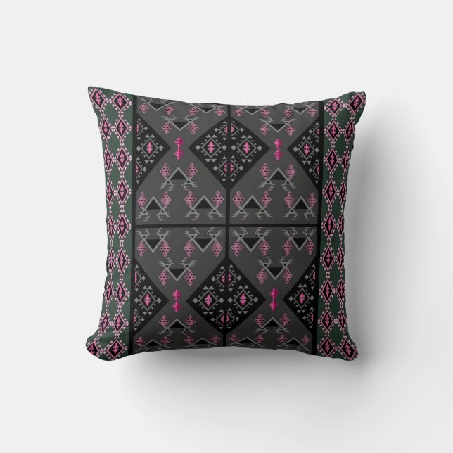Modern Black and Grey Kilim Inspired Pattern Throw Pillow (Front)