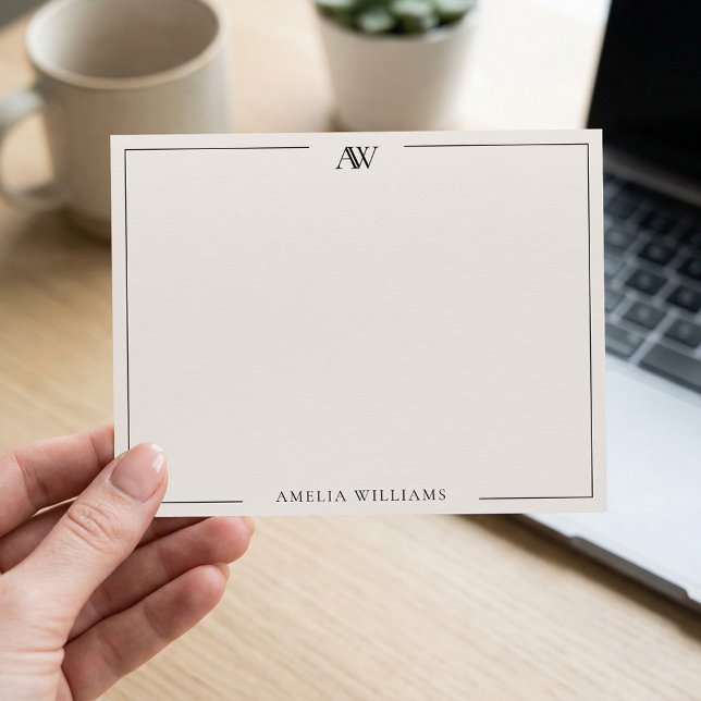 Modern Black and Ivory Minimalist Elegant Monogram Note Card (Creator Uploaded)