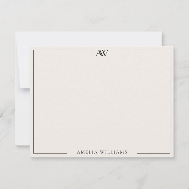 Modern Black and Ivory Minimalist Elegant Monogram Note Card (Front)