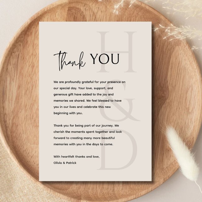 Modern Black and Ivory Monogram Minimalist Wedding Thank You Card (Creator Uploaded)