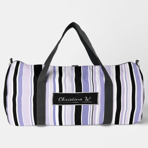 Modern Black and Lilacs Striped with Name Duffle Bag