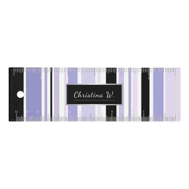Modern Black and Lilacs Striped with Name Ruler (Front)