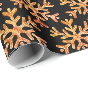 Modern Black and Orange Christmas Snowflakes Wrapping Paper